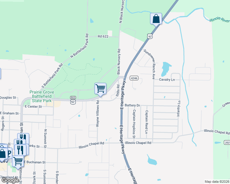 map of restaurants, bars, coffee shops, grocery stores, and more near 955 Stills Road in Prairie Grove