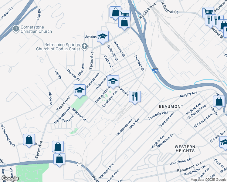 map of restaurants, bars, coffee shops, grocery stores, and more near 1317 Louisiana Avenue Northwest in Knoxville