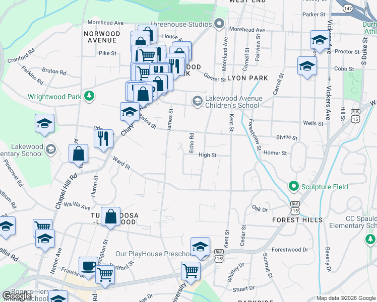 map of restaurants, bars, coffee shops, grocery stores, and more near 1518 Echo Road in Durham
