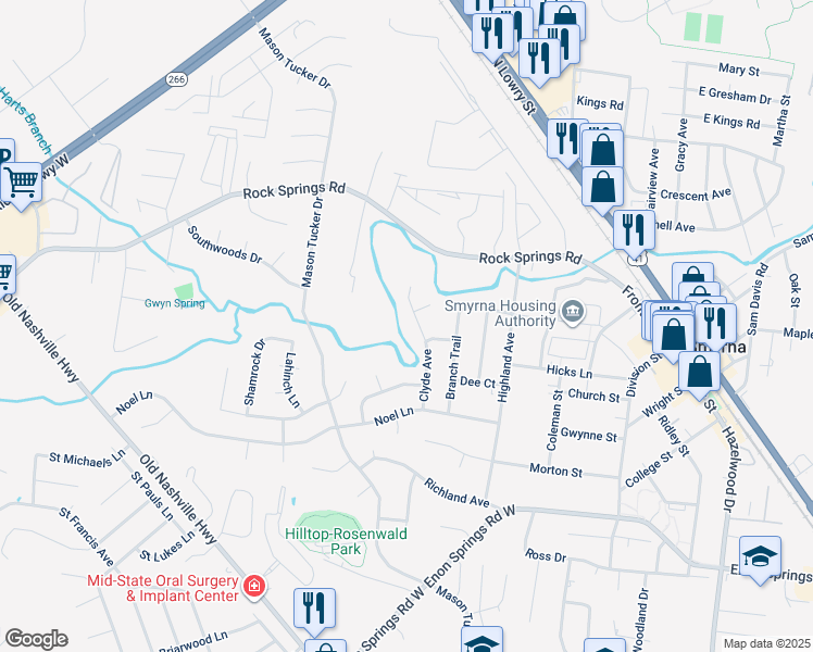 map of restaurants, bars, coffee shops, grocery stores, and more near 221 Clyde Ave in Smyrna
