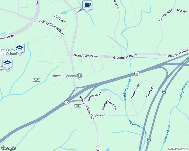 map of restaurants, bars, coffee shops, grocery stores, and more near 5301 Tarkington Dr in Greensboro