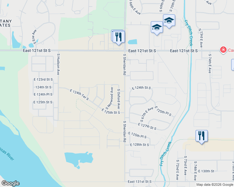 map of restaurants, bars, coffee shops, grocery stores, and more near 12412 South Oxford Avenue in Bixby