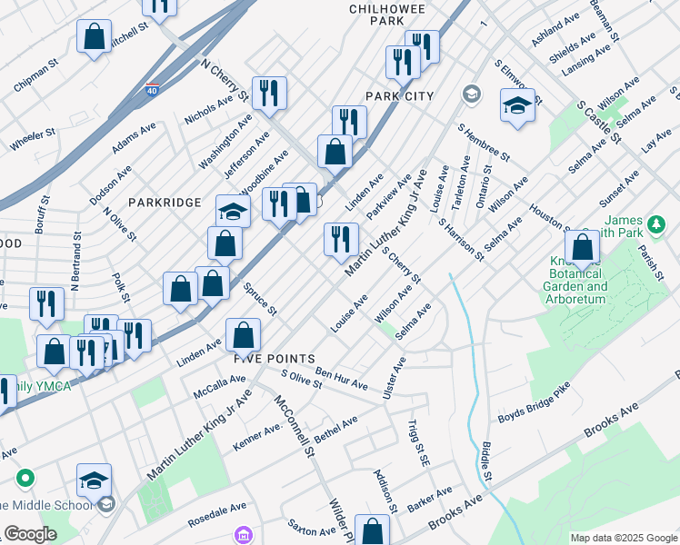map of restaurants, bars, coffee shops, grocery stores, and more near 2515 Martin Luther King Junior Avenue in Knoxville