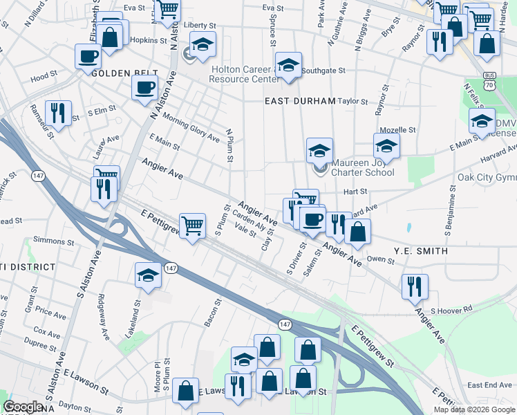 map of restaurants, bars, coffee shops, grocery stores, and more near 209 South Maple Street in Durham