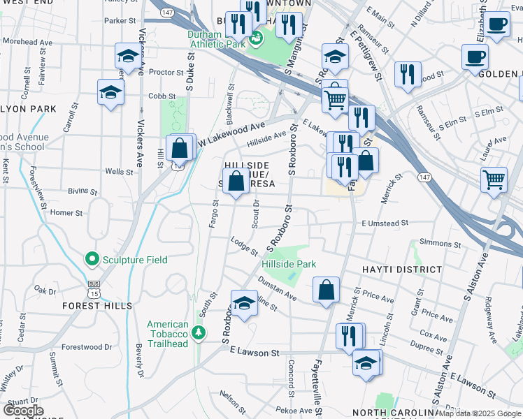 map of restaurants, bars, coffee shops, grocery stores, and more near 104 East Enterprise Street in Durham
