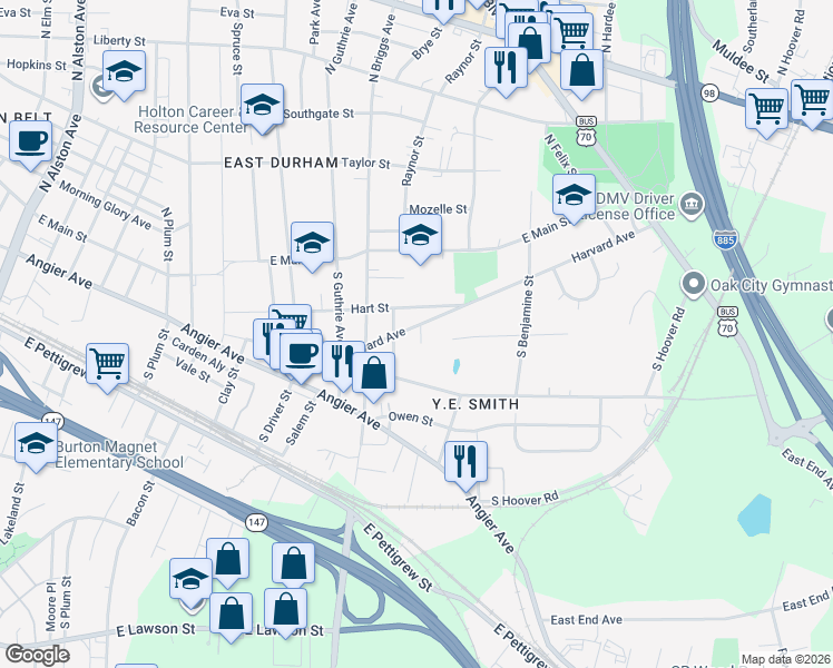 map of restaurants, bars, coffee shops, grocery stores, and more near 2410 Harvard Avenue in Durham