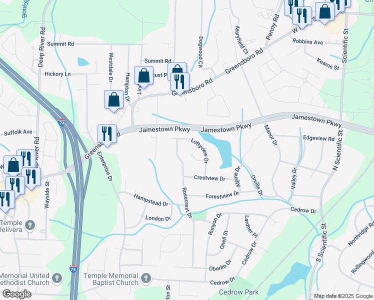map of restaurants, bars, coffee shops, grocery stores, and more near 3230 West Loftyview Court in High Point