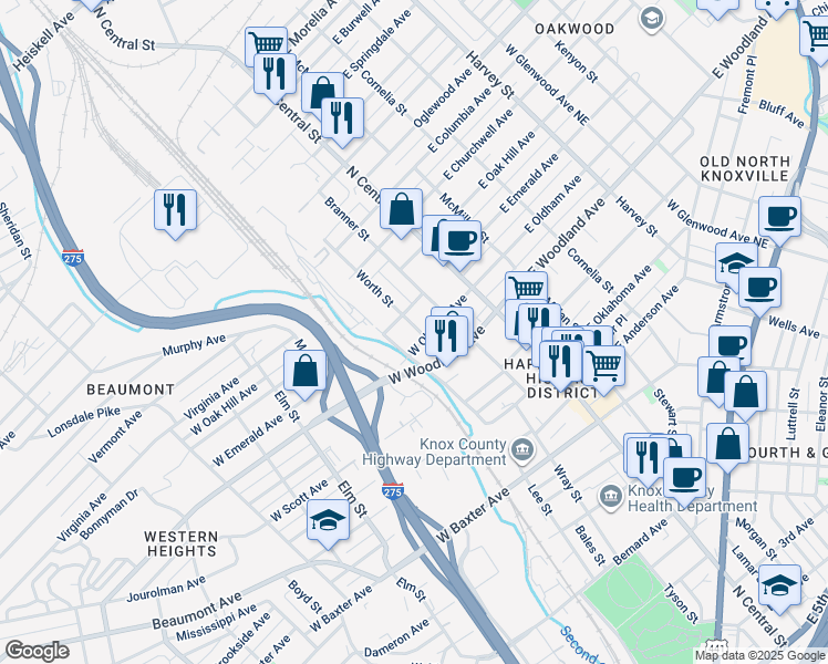 map of restaurants, bars, coffee shops, grocery stores, and more near 1613 Worth Street in Knoxville