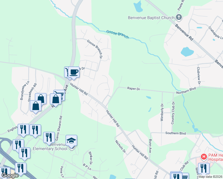 map of restaurants, bars, coffee shops, grocery stores, and more near 1037 Deerchase Drive in Rocky Mount