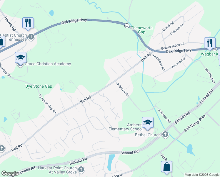 map of restaurants, bars, coffee shops, grocery stores, and more near 5314 Ball Road in Knoxville