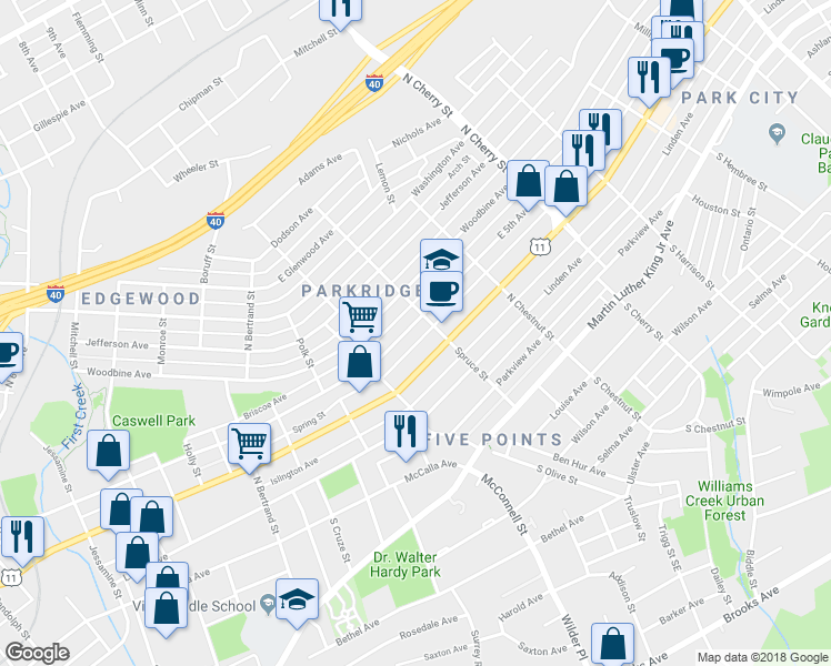 map of restaurants, bars, coffee shops, grocery stores, and more near 2346 East 5th Avenue in Knoxville
