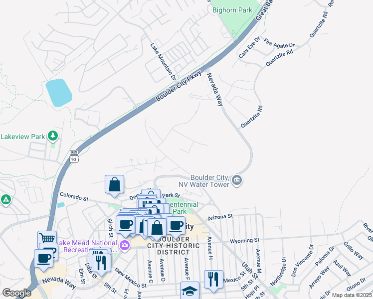 map of restaurants, bars, coffee shops, grocery stores, and more near 377 Laurel Drive in Boulder City