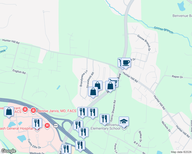 map of restaurants, bars, coffee shops, grocery stores, and more near 1104 Old Forge Road in Rocky Mount