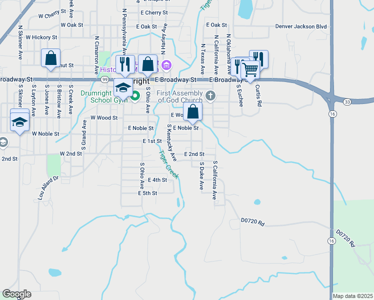 map of restaurants, bars, coffee shops, grocery stores, and more near 301 East 2nd Street in Drumright