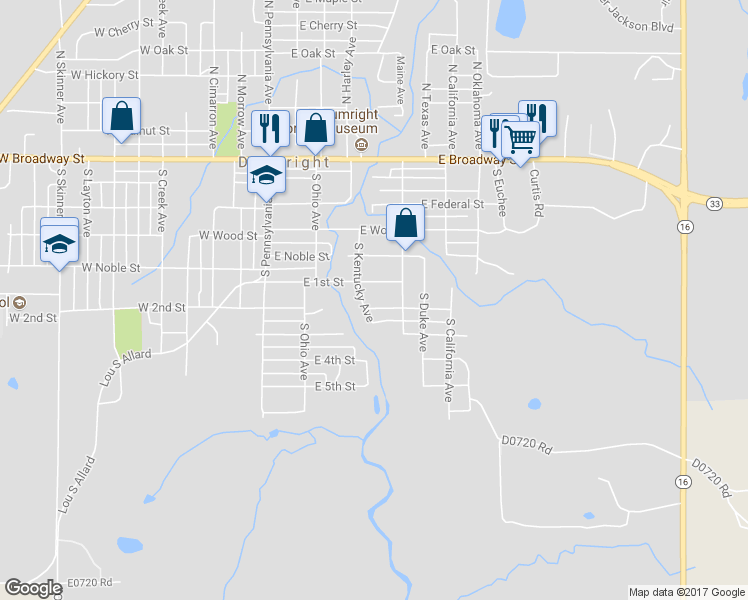 map of restaurants, bars, coffee shops, grocery stores, and more near 301 E 2nd St in Drumright