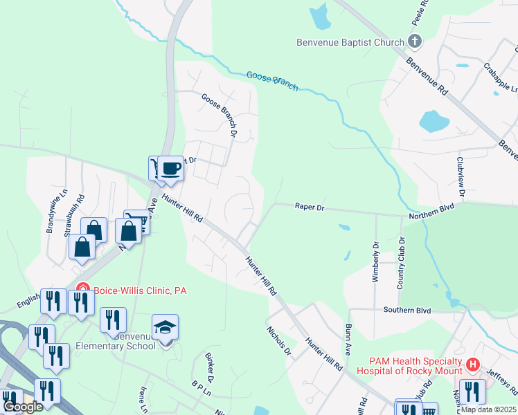 map of restaurants, bars, coffee shops, grocery stores, and more near 1037 Deerchase Drive in Rocky Mount