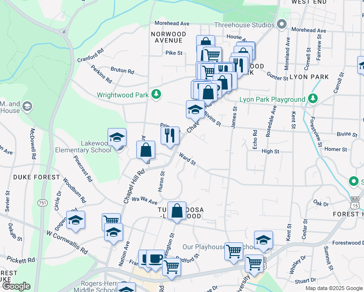 map of restaurants, bars, coffee shops, grocery stores, and more near 2211 Chapel Hill Road in Durham