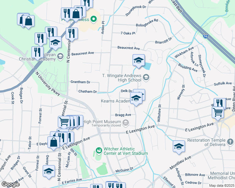 map of restaurants, bars, coffee shops, grocery stores, and more near 1503 Delk Drive in High Point