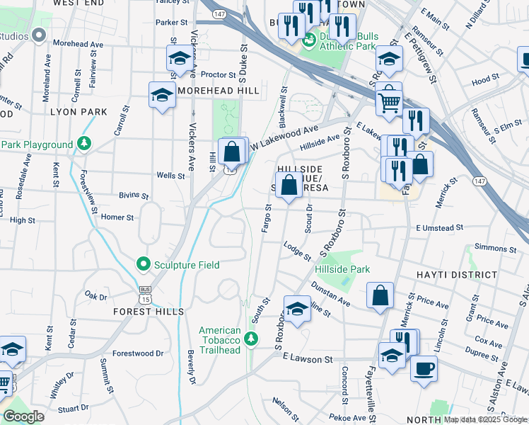 map of restaurants, bars, coffee shops, grocery stores, and more near 301 West Enterprise Street in Durham
