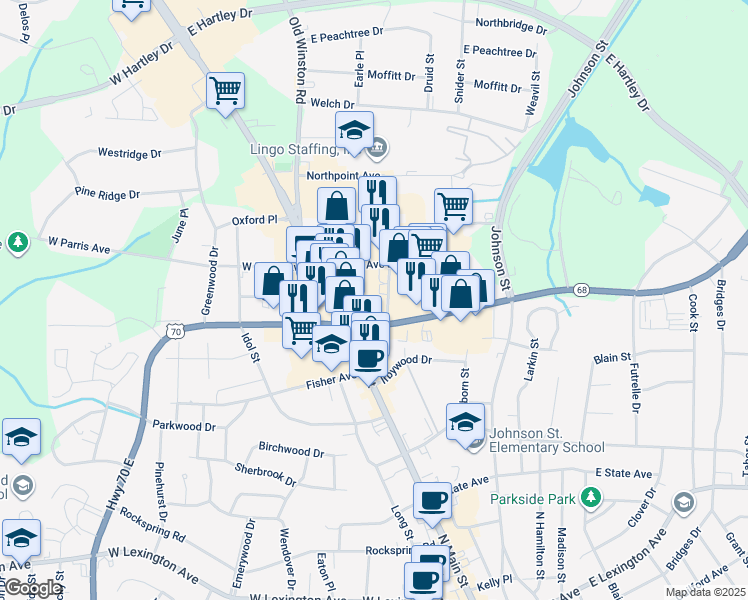 map of restaurants, bars, coffee shops, grocery stores, and more near 2111 Kirkwood St in High Point