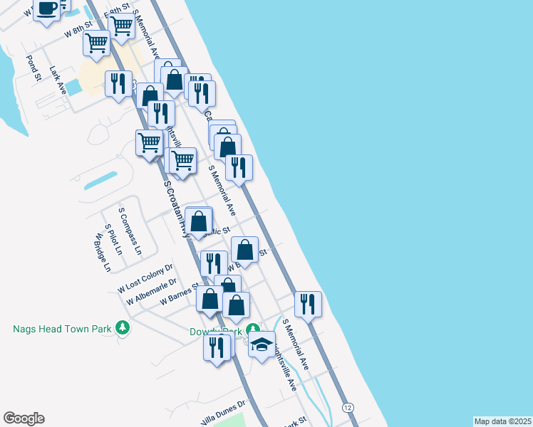 map of restaurants, bars, coffee shops, grocery stores, and more near 2701 South Virginia Dare Trail in Nags Head