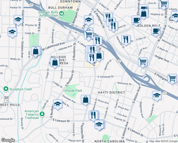 map of restaurants, bars, coffee shops, grocery stores, and more near 13 Fisher Place in Durham