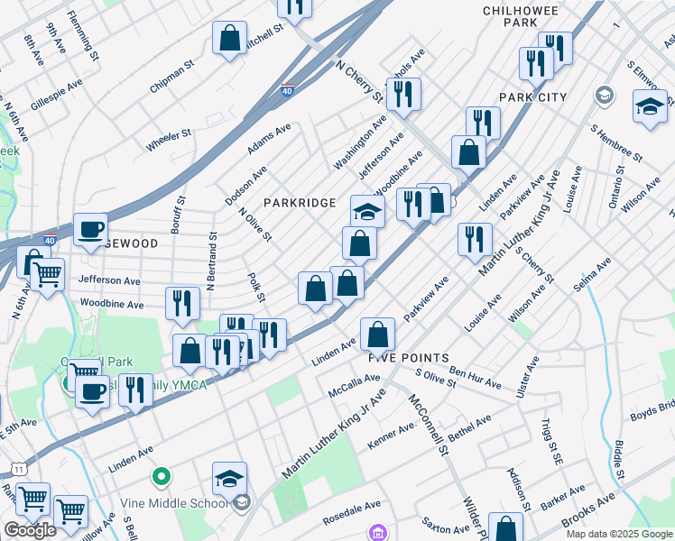 map of restaurants, bars, coffee shops, grocery stores, and more near 2346 East 5th Avenue in Knoxville