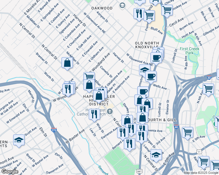 map of restaurants, bars, coffee shops, grocery stores, and more near 231 East Anderson Avenue in Knoxville
