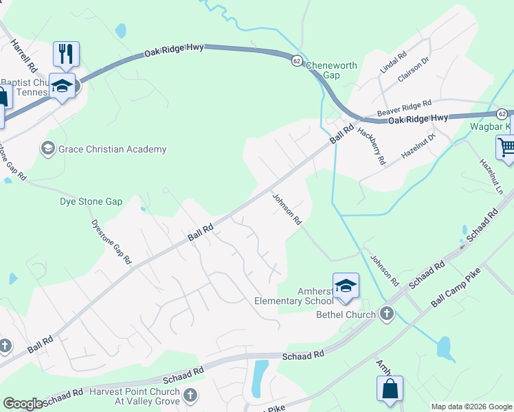 map of restaurants, bars, coffee shops, grocery stores, and more near 5314 Ball Road in Knoxville