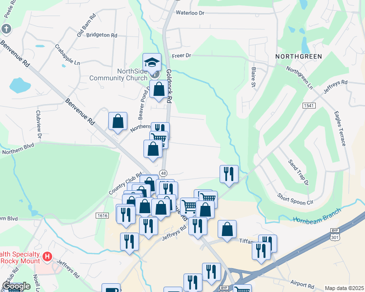map of restaurants, bars, coffee shops, grocery stores, and more near 1261 Katherine Trail in Rocky Mount