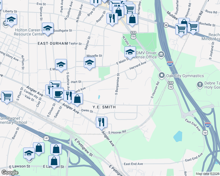 map of restaurants, bars, coffee shops, grocery stores, and more near 2613 Sater Street in Durham