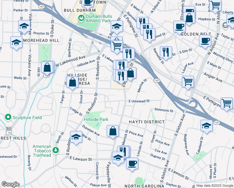 map of restaurants, bars, coffee shops, grocery stores, and more near 13 Fisher Place in Durham