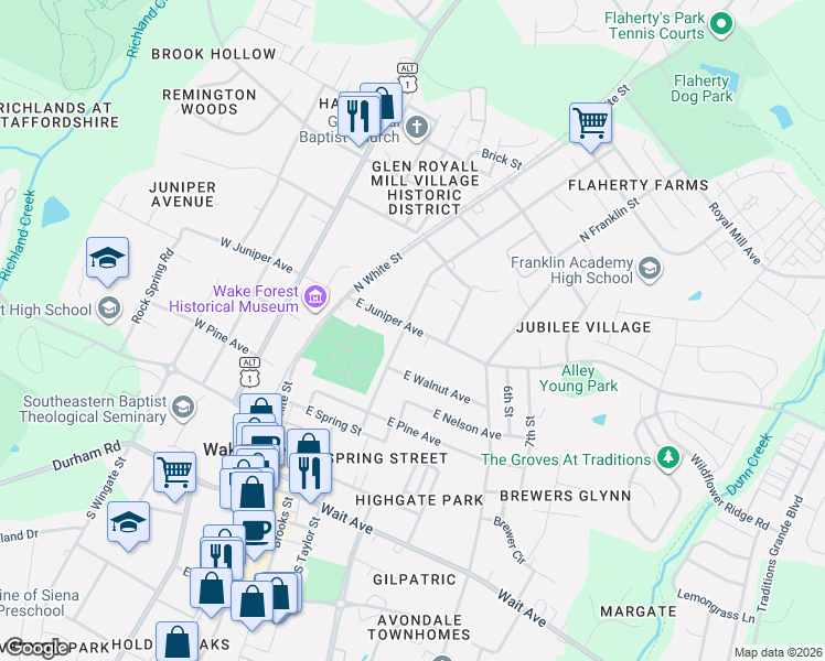 map of restaurants, bars, coffee shops, grocery stores, and more near 416 East Juniper Avenue in Wake Forest