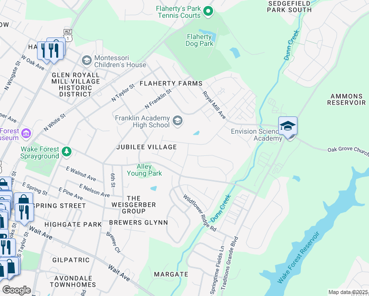 map of restaurants, bars, coffee shops, grocery stores, and more near 704 Wildflower Ridge Road in Wake Forest