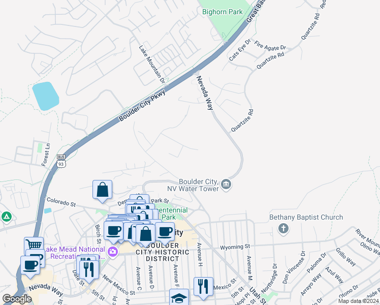 map of restaurants, bars, coffee shops, grocery stores, and more near 380 Claremont Street in Boulder City