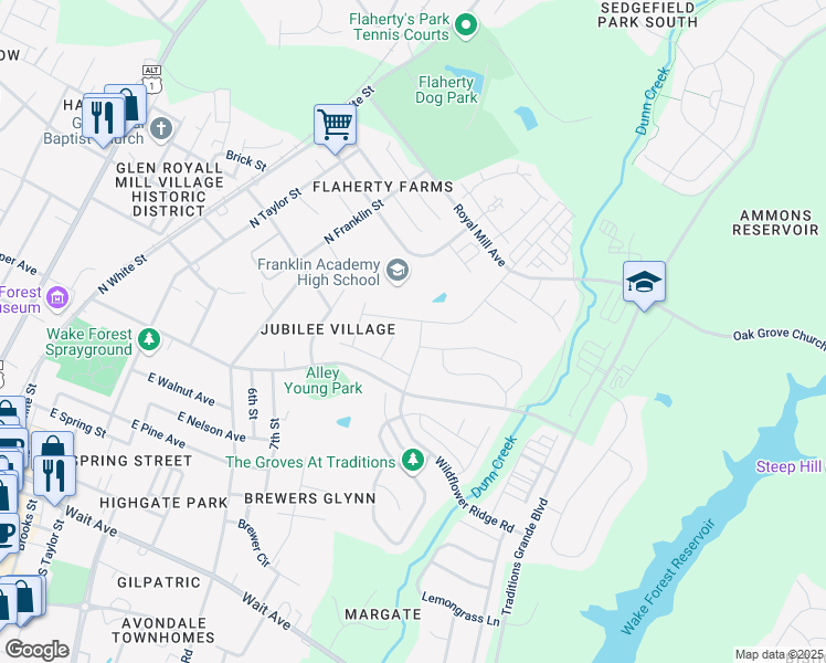 map of restaurants, bars, coffee shops, grocery stores, and more near 704 Wildflower Ridge Road in Wake Forest