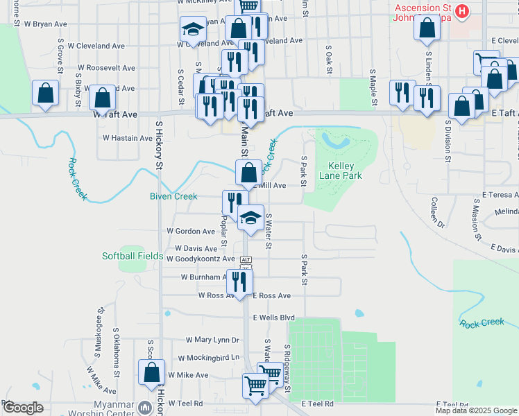 map of restaurants, bars, coffee shops, grocery stores, and more near 25 East Gordon Avenue in Sapulpa