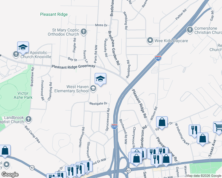 map of restaurants, bars, coffee shops, grocery stores, and more near 3612 Sprucewood Rd in Knoxville