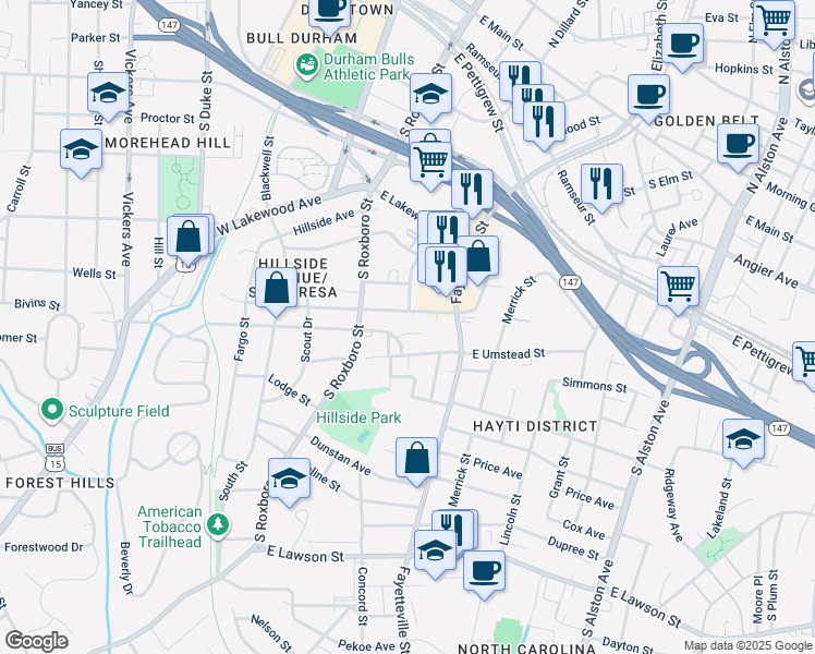 map of restaurants, bars, coffee shops, grocery stores, and more near 5 Fisher Place in Durham