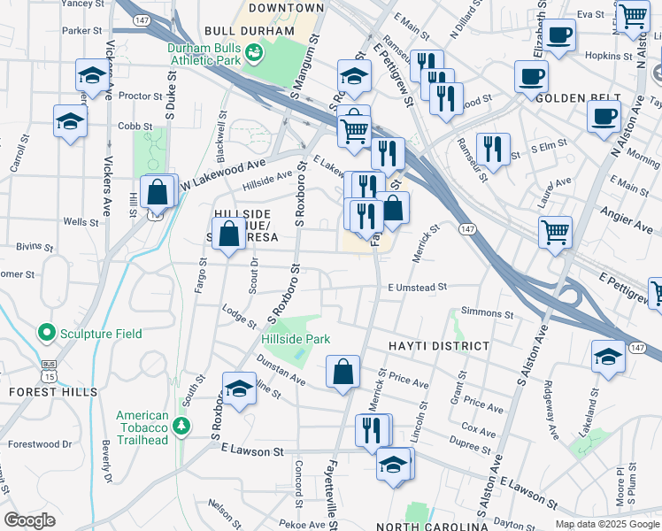 map of restaurants, bars, coffee shops, grocery stores, and more near 1 Fisher Place in Durham