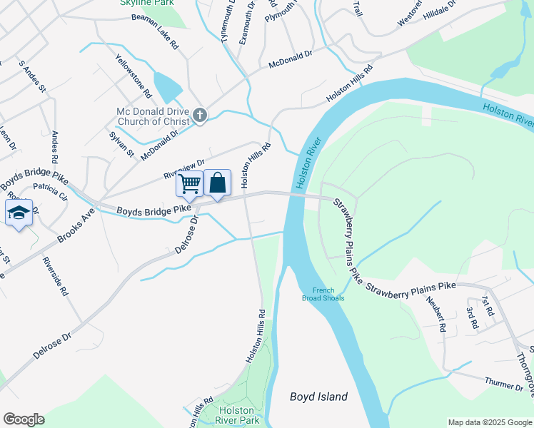 map of restaurants, bars, coffee shops, grocery stores, and more near 3916 Boyds Bridge Pike in Knoxville