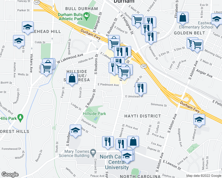 map of restaurants, bars, coffee shops, grocery stores, and more near 13 Fisher Place in Durham