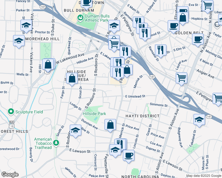 map of restaurants, bars, coffee shops, grocery stores, and more near 9 Fisher Place in Durham