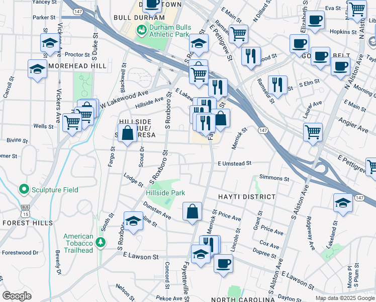 map of restaurants, bars, coffee shops, grocery stores, and more near 5 Fisher Place in Durham