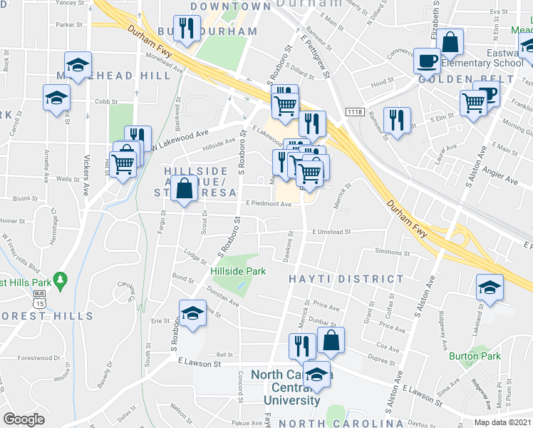 map of restaurants, bars, coffee shops, grocery stores, and more near 1 Fisher Place in Durham