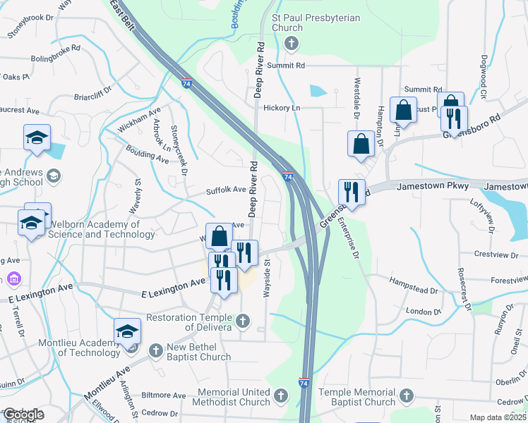 map of restaurants, bars, coffee shops, grocery stores, and more near 201 Greensboro Road in High Point