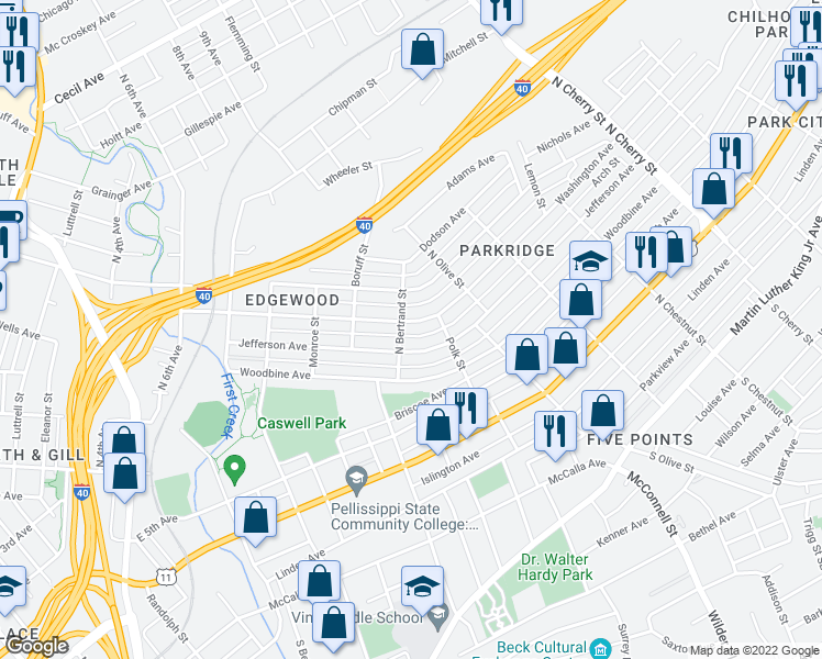 map of restaurants, bars, coffee shops, grocery stores, and more near 2008 Washington Avenue in Knoxville