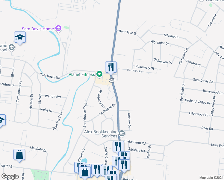 map of restaurants, bars, coffee shops, grocery stores, and more near 600 Nissan Drive in Smyrna