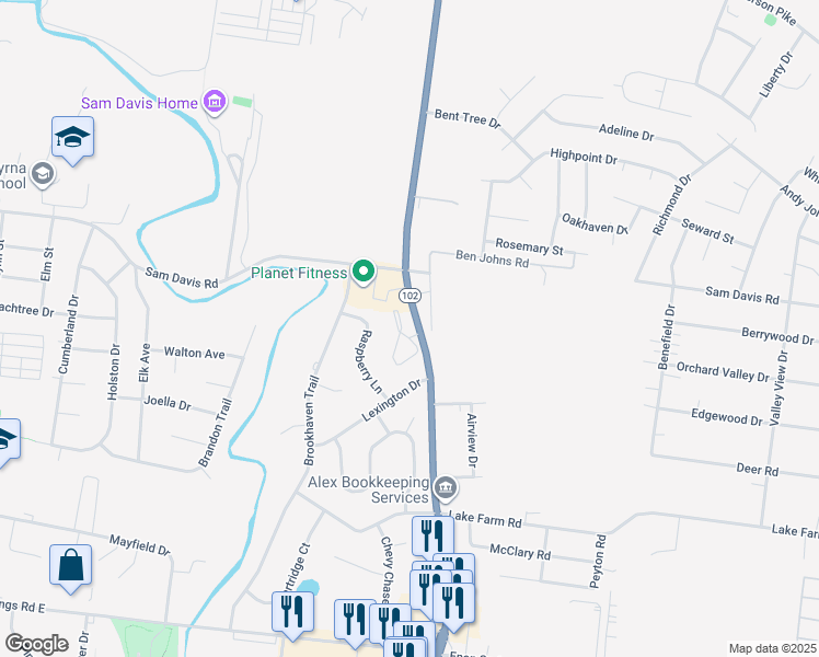 map of restaurants, bars, coffee shops, grocery stores, and more near 600 Nissan Drive in Smyrna