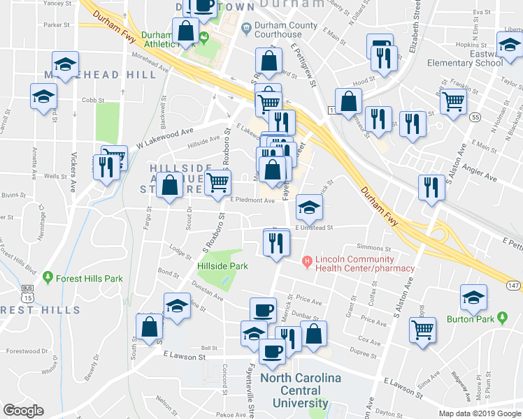 map of restaurants, bars, coffee shops, grocery stores, and more near 9 Fisher Place in Durham